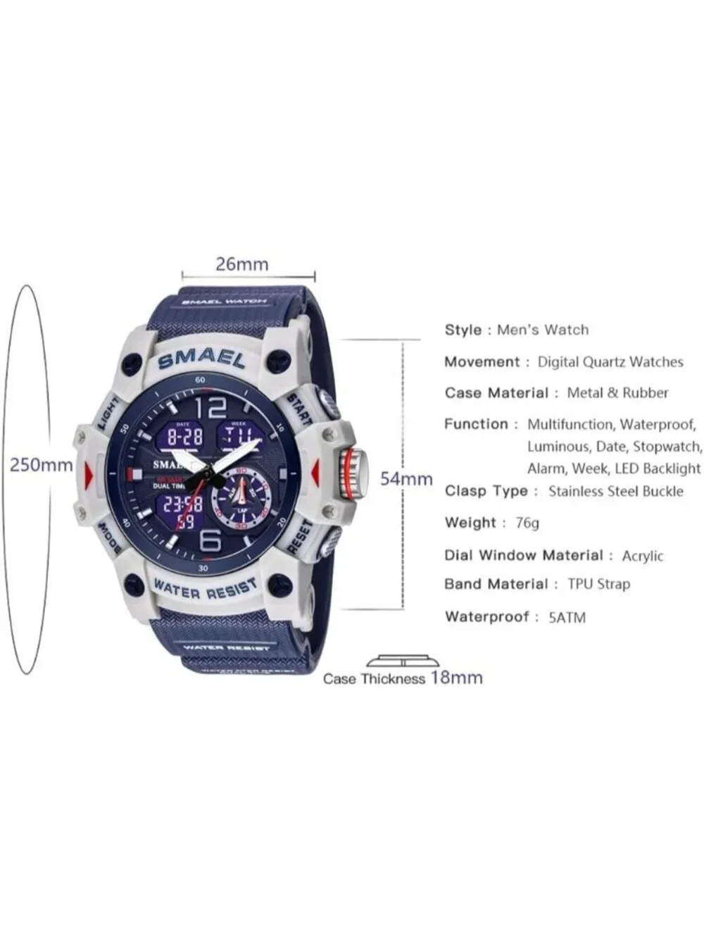 Men Dark Blue Analog Quartz S-Shock Waterproof Outdoor Sports LED Digital Watch